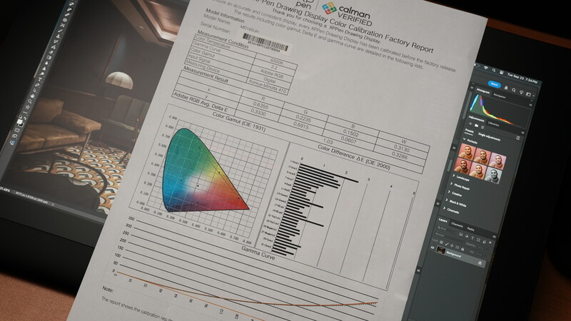 Color reference chart with spectral distribution graph and histogram displayed on white paper.