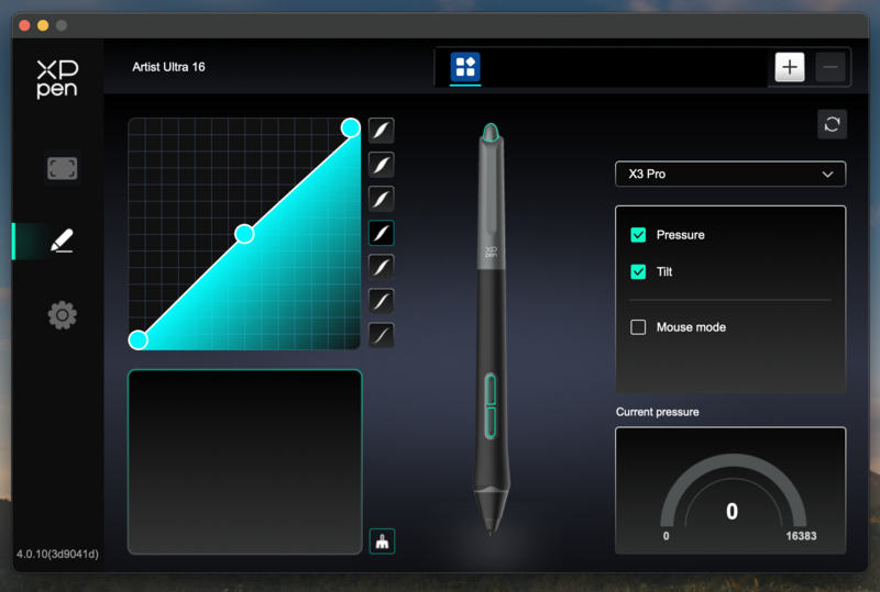Screenshot of XD Pen Artist Ultra 16 pressure curve calibration interface with stylus pen displayed.