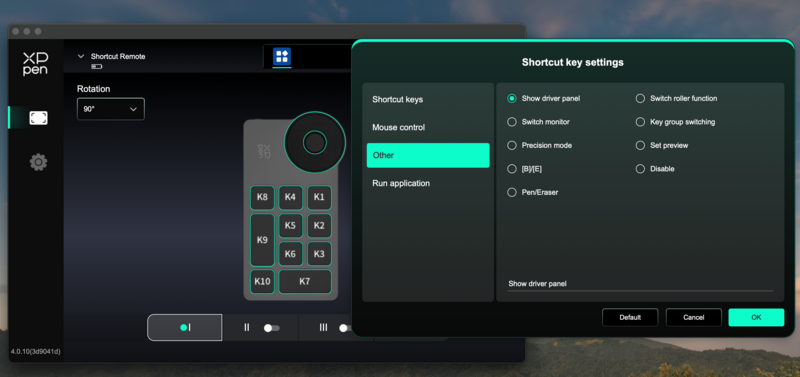 Screenshot of shortcut key settings panel for a pen display driver configuration interface.
