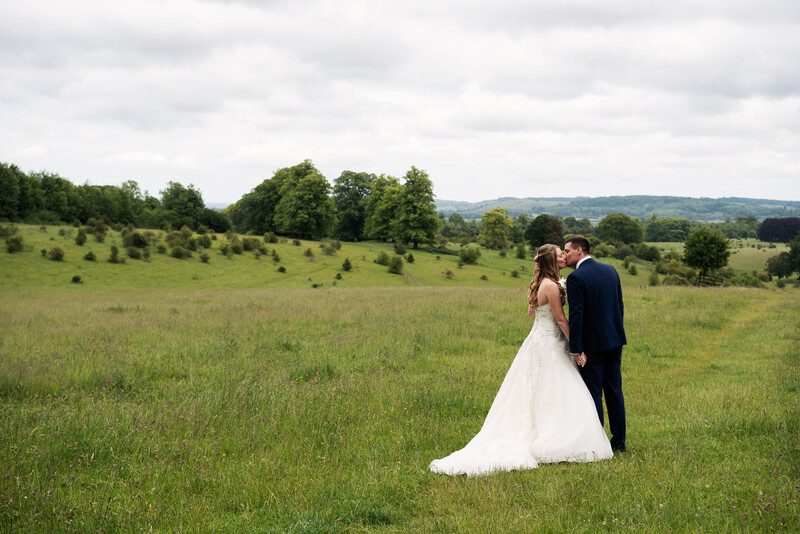 Bride and groom kissing in a green meadow with distant mountains and scattered trees.