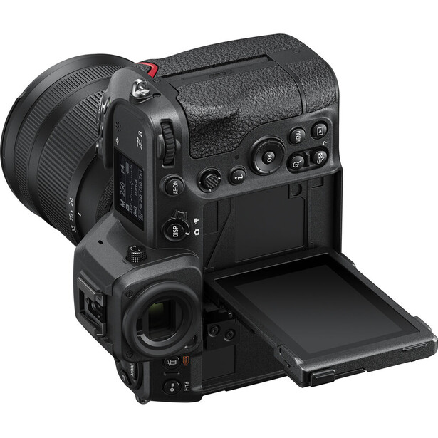 Professional cinema camera with articulating touchscreen displayed at three-quarter angle.
