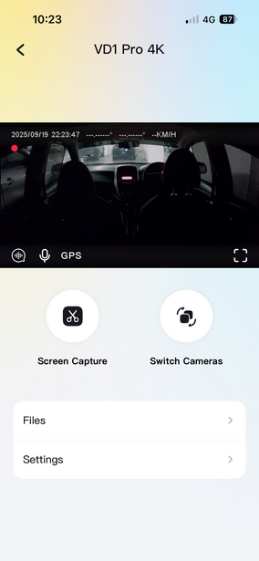 Screenshot of VDI Pro 4K camera app interface showing dashboard and menu options.