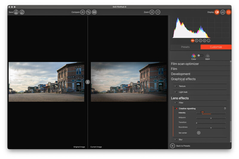 Screenshot of photo editing software showing before/after comparison of a street scene with brick buildings and histogram panel.