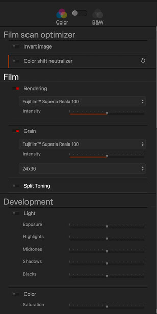 Screenshot of film scan optimizer settings panel with controls for grain, split toning, and development adjustments.
