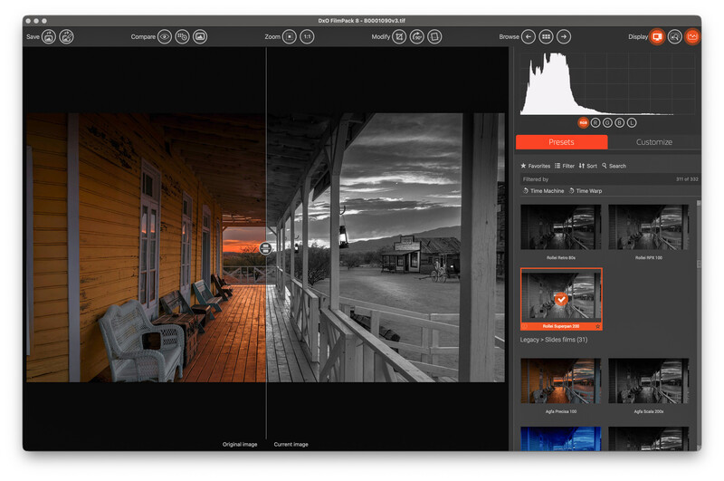 Screenshot of photo editing software showing split-screen comparison of desaturated and color versions of a porch scene.