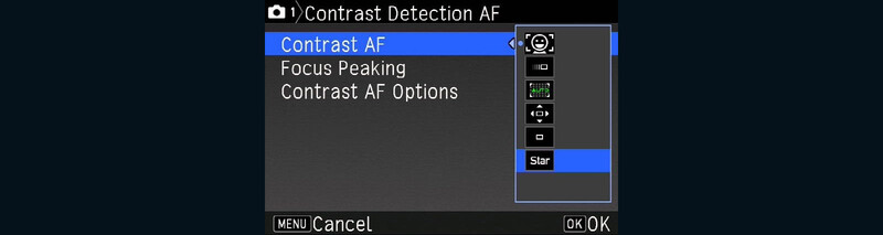 Screenshot of Contrast Detection AF menu in a camera's autofocus settings interface.