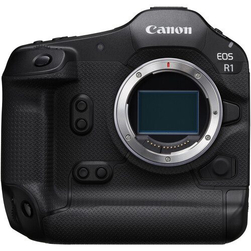 Canon EOS R1 mirrorless camera body shown from front, displaying the sensor and mirror mechanism.
