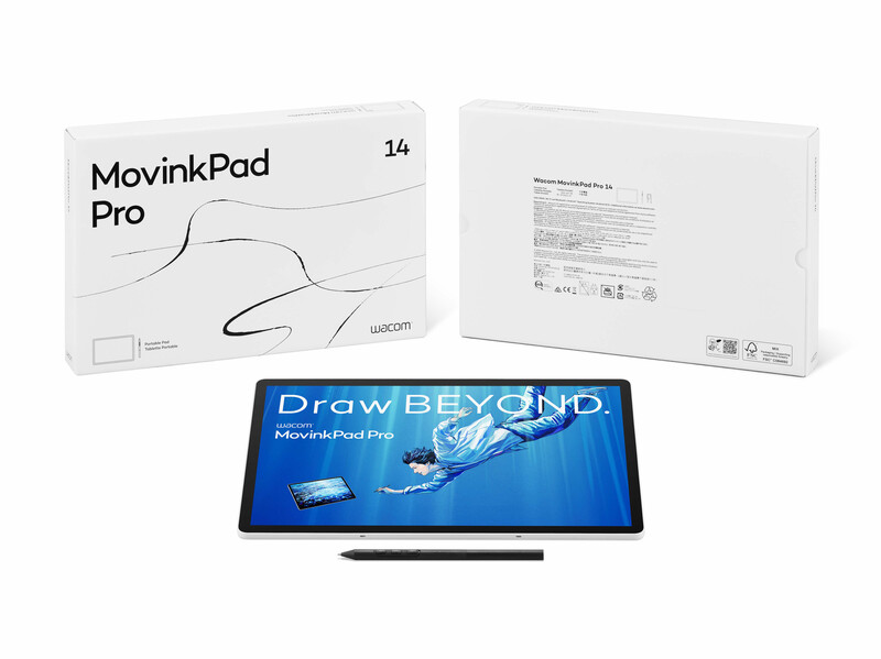 Wacom MovinkPad Pro 14 tablet with stylus displayed alongside product packaging and instructional materials.