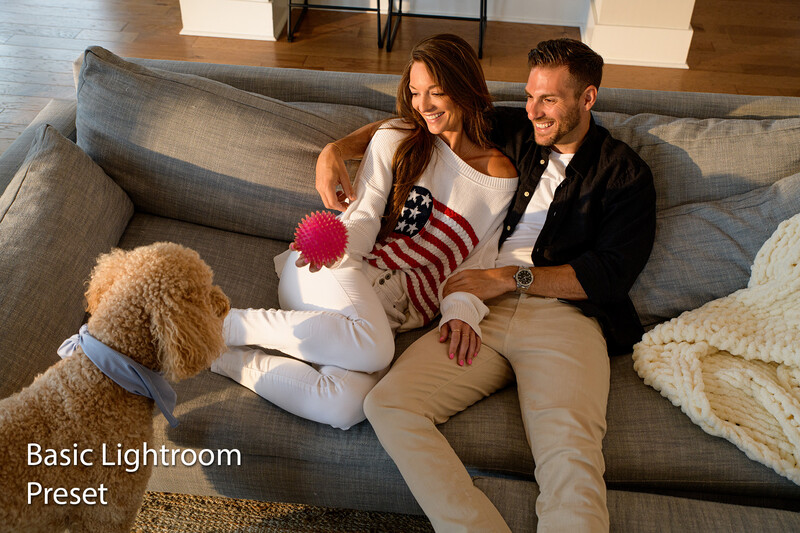 Family of three sitting on a gray couch with a dog, demonstrating Lightroom preset application.