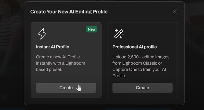 Screenshot of AI editing profile creation dialog with two options: Instant AI Profile and Professional AI profile.