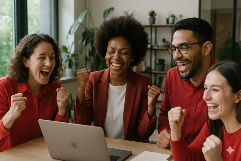 Four people in red shirts celebrating while looking at a laptop screen.