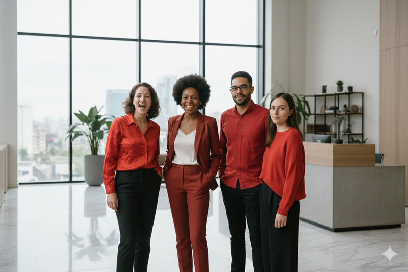 Four people in red shirts standing together in a modern office lobby with large windows.