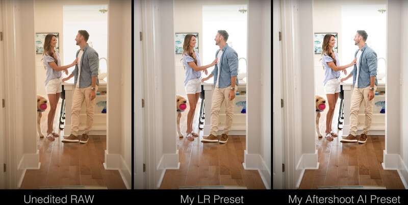 Three side-by-side comparison images showing a couple in a hallway with different post-processing treatments applied.