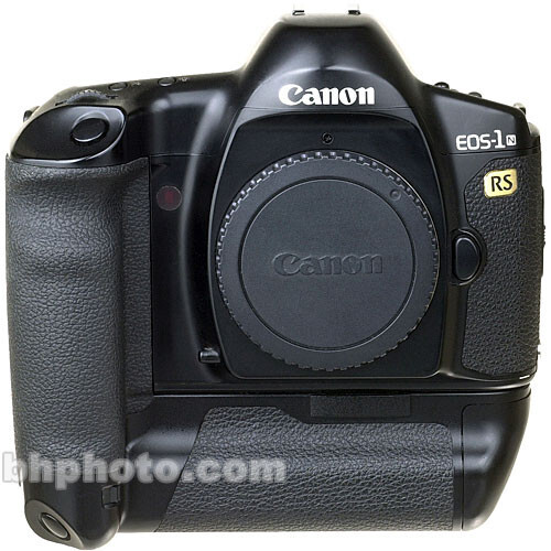 Canon EOS-1 RS camera body with battery grip attached, front view showing lens mount.