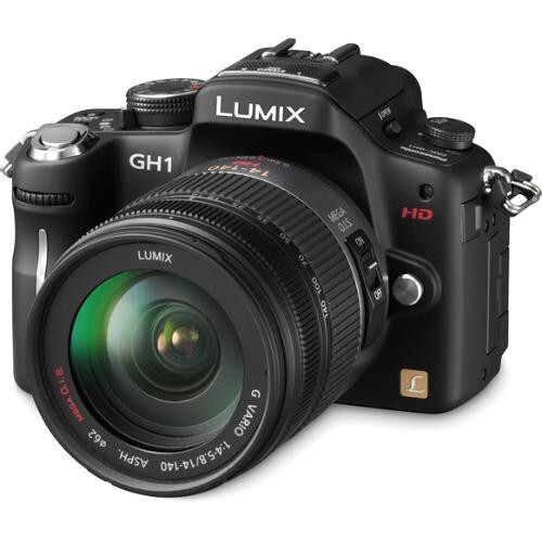 Panasonic Lumix GH1 mirrorless camera with 14-42mm kit lens and accessories.