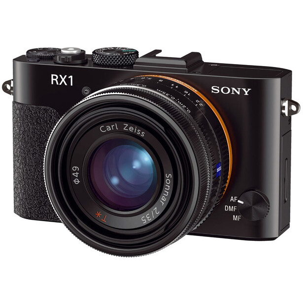 Sony RX1 compact camera with Carl Zeiss lens, shown from a three-quarter angle against a white background.