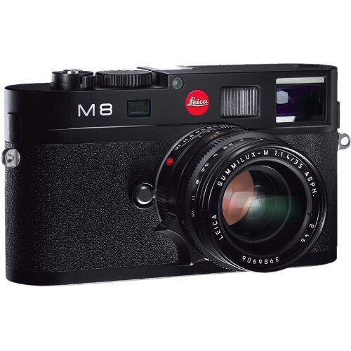 Leica M8 rangefinder camera with Summicron lens against white background.