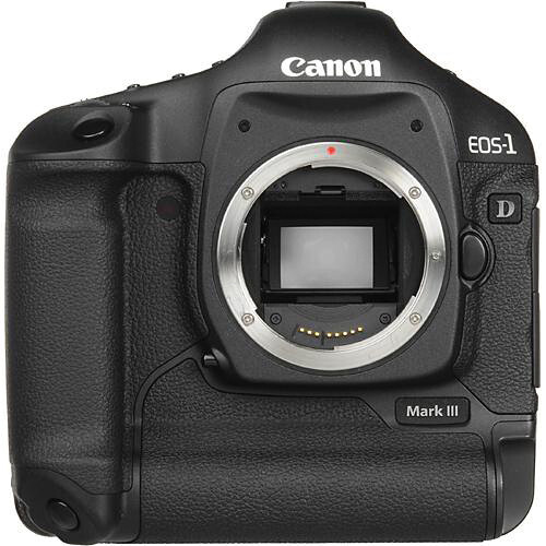 Canon EOS-1D Mark III DSLR camera body with battery grip attached, shown from front with lens mount visible.