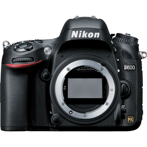 Nikon D600 DSLR camera body shown from front with mirror open and sensor visible.