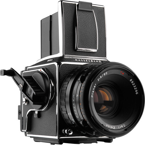 Hasselblad 500C/M medium format camera with Carl Zeiss lens and film back against white background.