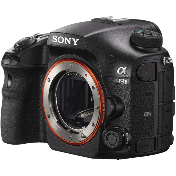 Sony a99 II mirrorless camera body with lens mount exposed, shown from front angle against white background.