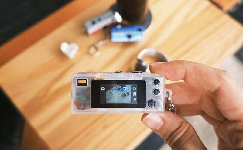 Hand holding a compact digital camera displaying a photograph on its rear LCD screen.