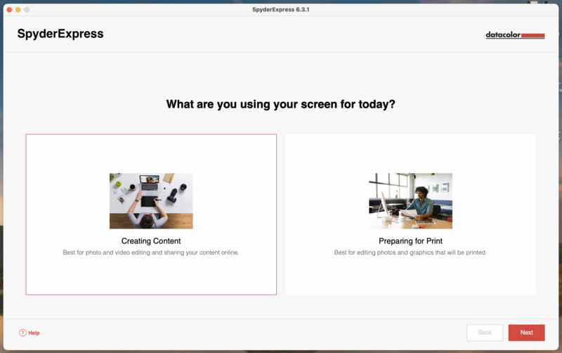 Screenshot of SpyderExpress software showing two workflow options: Creating Content and Preparing for Print.