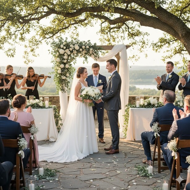 Bride and groom exchange vows during outdoor ceremony beneath flowering arbor with guests seated nearby.