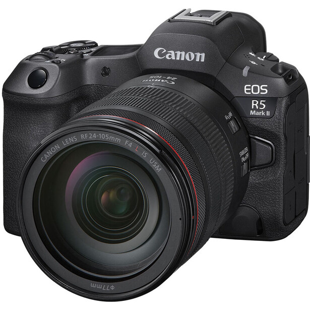 Canon EOS R5 Mark II mirrorless camera with RF 24-105mm f/4L IS USM lens attached.