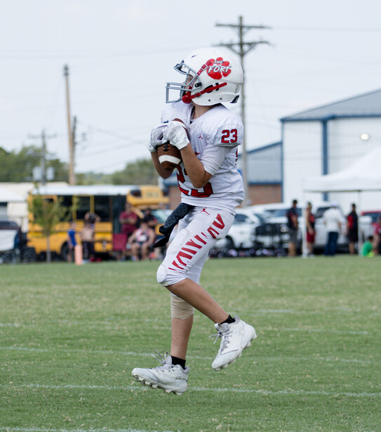 Football player jumping to catch a ball during an outdoor game with spectators in the background.