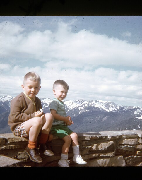 Two young boys sitting on a wooden log with snow-capped mountains in the background.