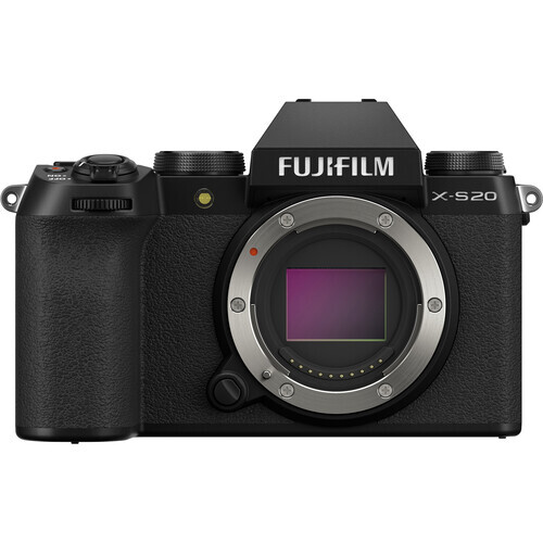 Fujifilm X-S20 mirrorless camera body shown from front with lens mount visible.
