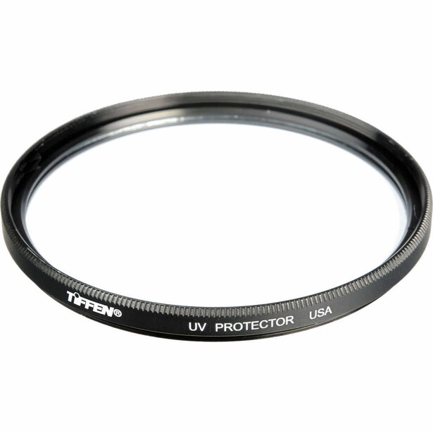Tiffen UV Protector filter with black aluminum rim and clear glass center element.