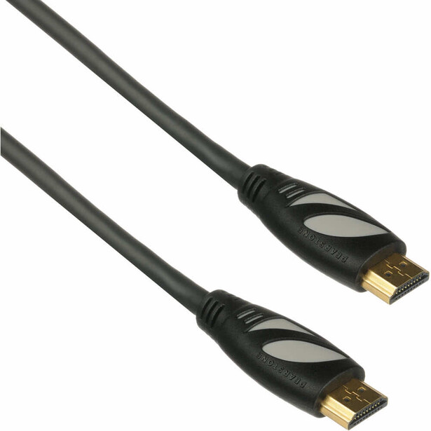 Two HDMI cables with gold-plated connectors and black molded connectors arranged diagonally.