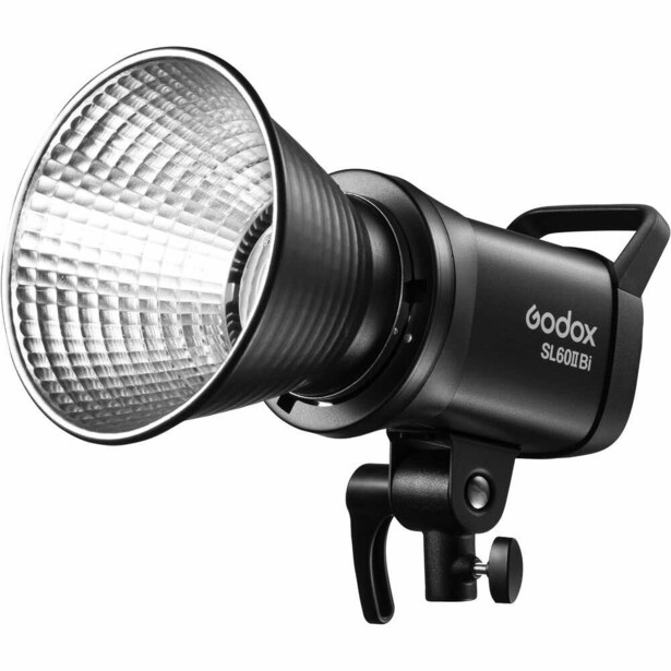 Godox SL60W studio light with reflector and carrying handle against white background.