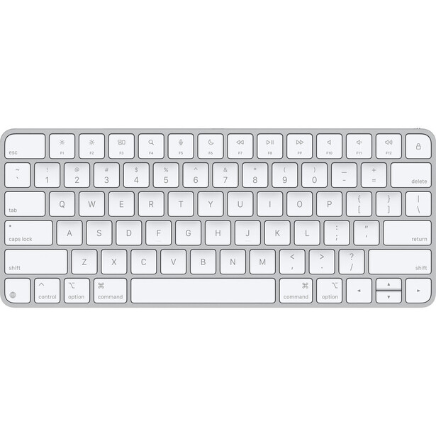 Silver wireless keyboard with flat keys and minimalist design shown from above.