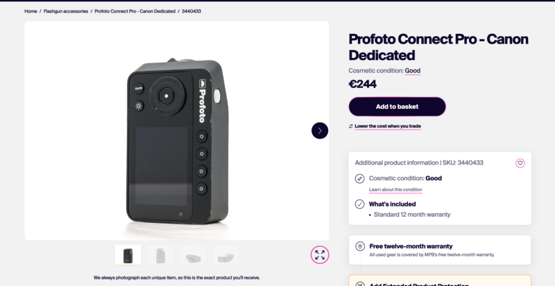 Screenshot of a product listing page for the Profoto Connect Pro Canon Dedicated wireless flash trigger.