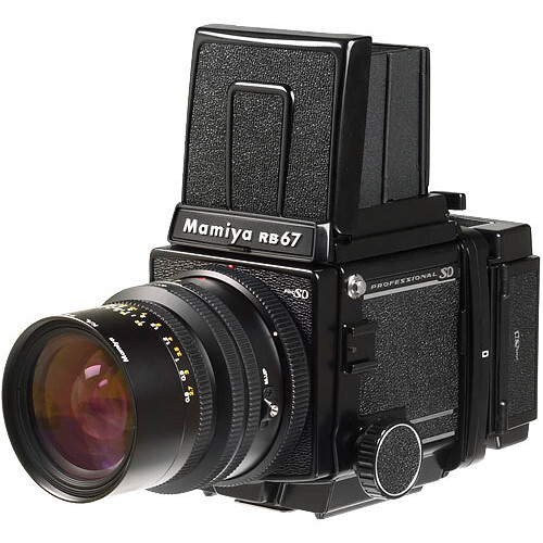 Mamiya RB67 medium format camera with attached lens, shown against white background.