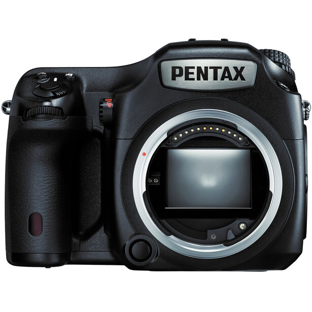 Pentax 645Z medium format camera body shown from front, displaying the open mirror box and lens mount.