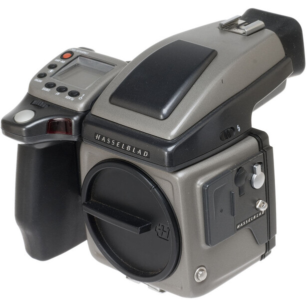 Hasselblad 500 series film camera body with control panel and prism viewfinder.