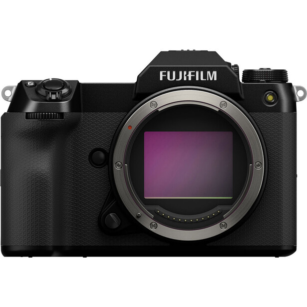 Fujifilm GFX 100S mirrorless camera body with open sensor compartment displayed against white background.