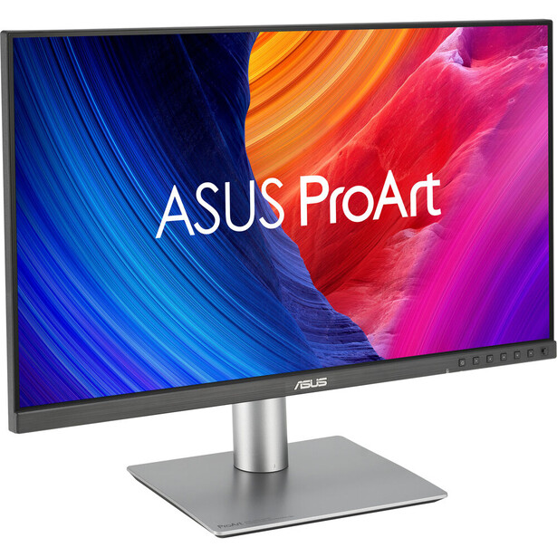 ASUS ProArt monitor with colorful gradient display and metal stand base.