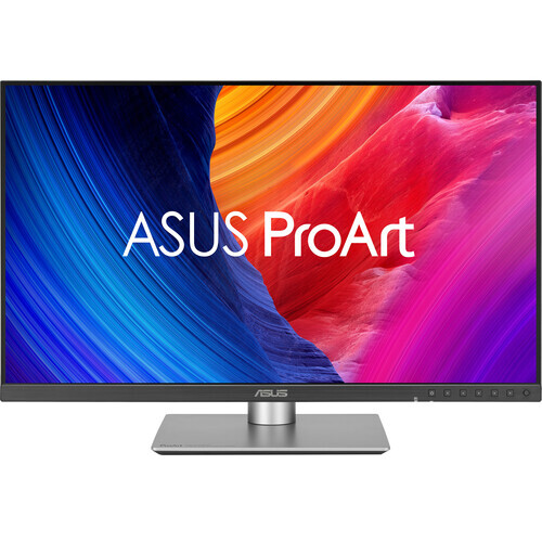 ASUS ProArt monitor displaying vibrant blue, orange, and magenta gradient colors.