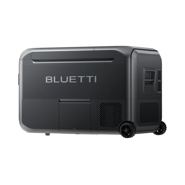 Bluetti portable power station with dark gray casing and wheels for mobility.