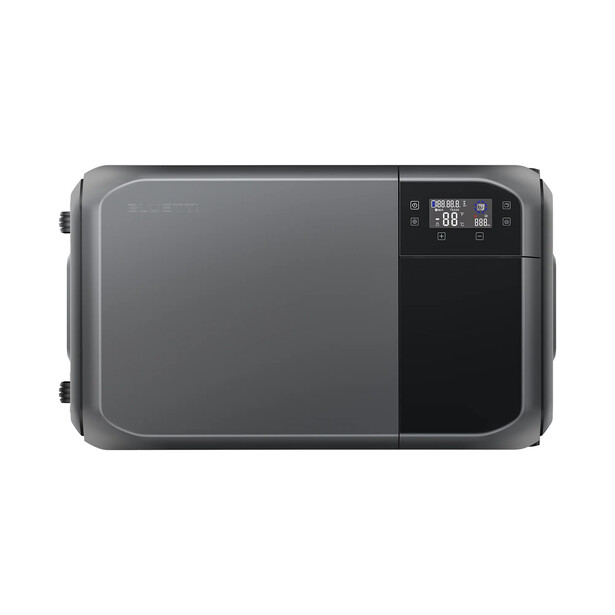 Portable power station with gray casing and black control panel on right side.