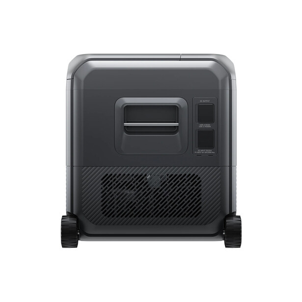 Front view of a dark gray hard-shell carry-on suitcase with rounded corners and black wheels.
