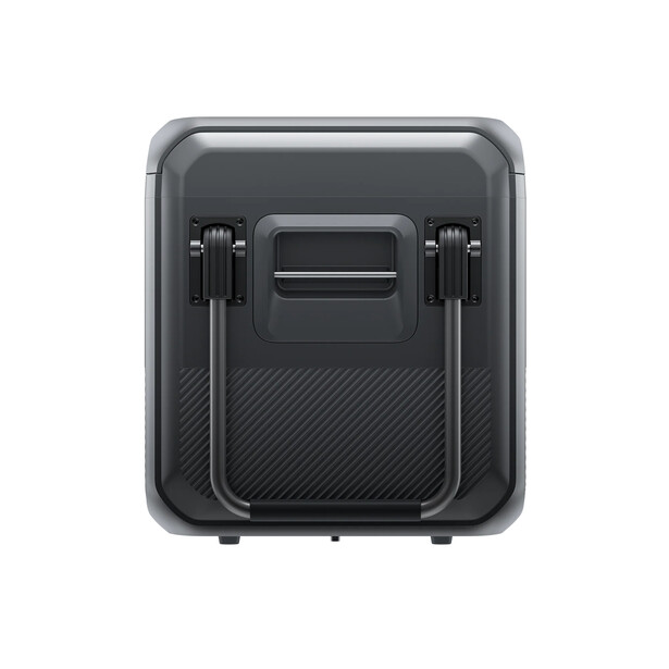 Top-down view of a compact black hard-shell carrying case with dual handles and a textured carbon-fiber pattern on the lower half.