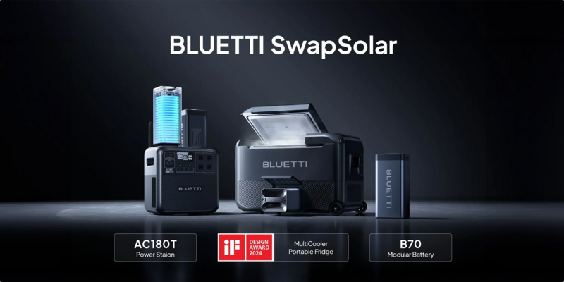 Product lineup of BLUETTI SwapSolar portable power station components displayed on dark surface.