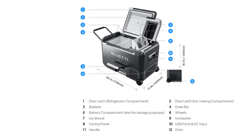 Diagram of a portable cooler with labeled components and dimensions, showing internal compartments and external features.