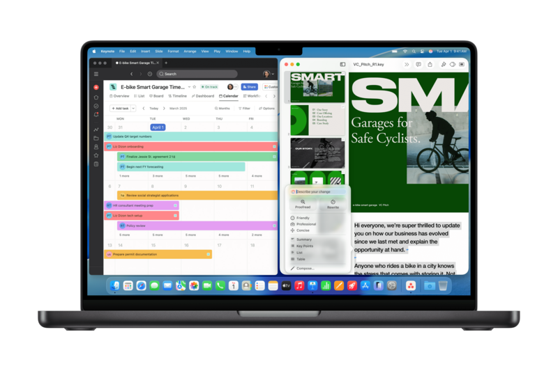 Screenshot of a MacBook displaying multiple windows including a spreadsheet with colored rows and a green design magazine layout.